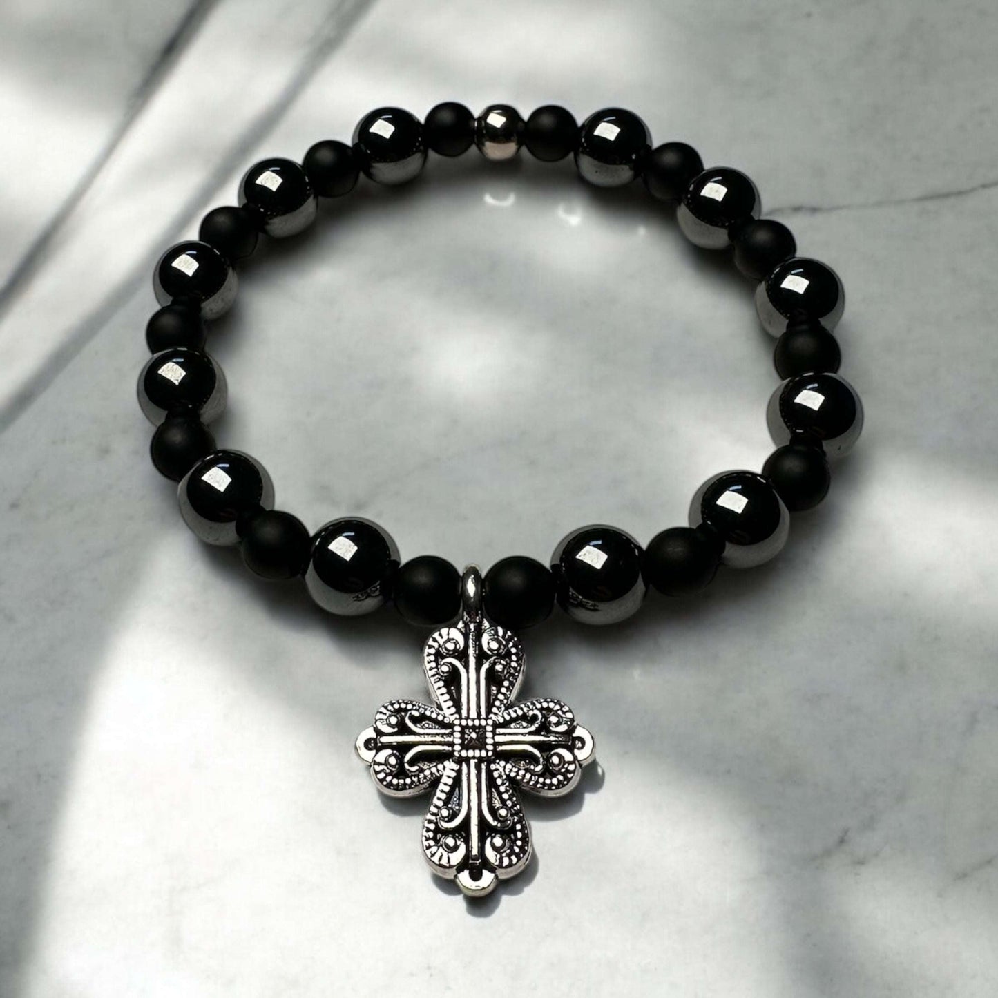 Hematite & Onyx Cross Bracelet – Strength, Balance & Style
