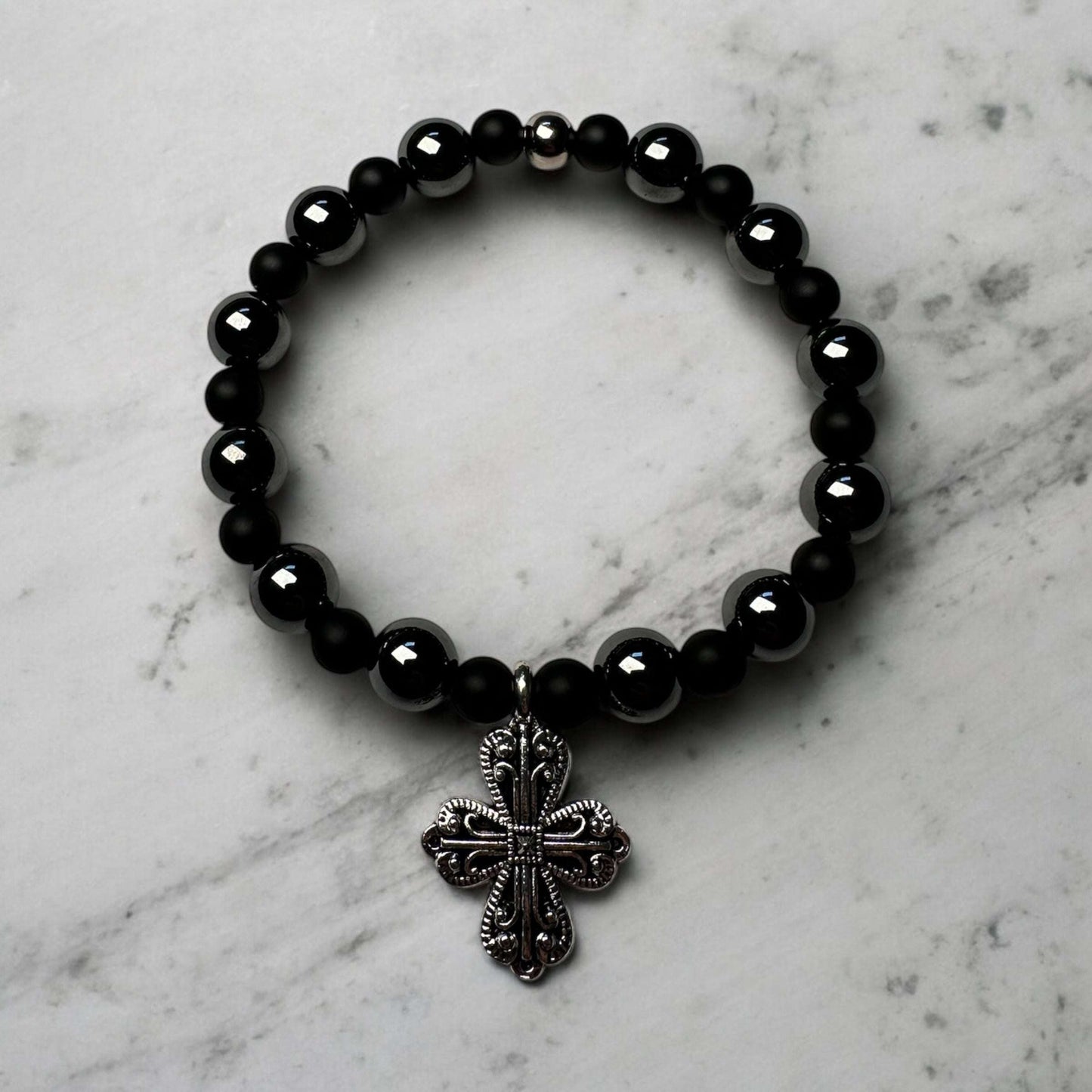 Hematite & Onyx Cross Bracelet – Strength, Balance & Style