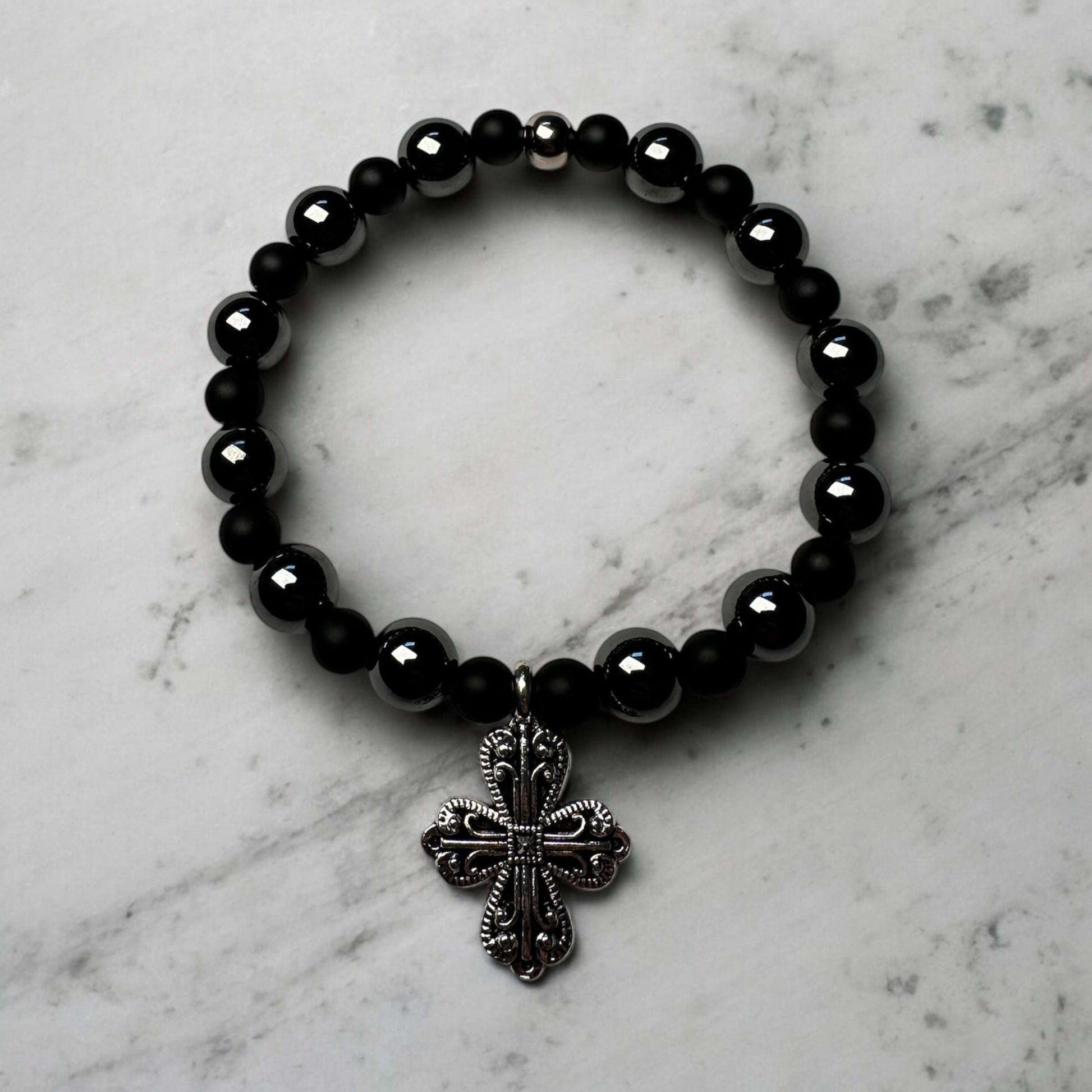 Hematite & Onyx Cross Bracelet – Strength, Balance & Style