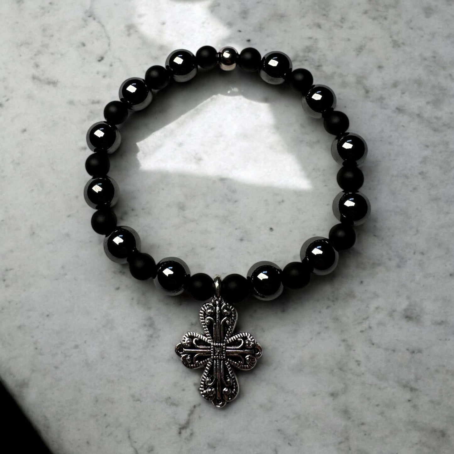 Hematite & Onyx Cross Bracelet – Strength, Balance & Style